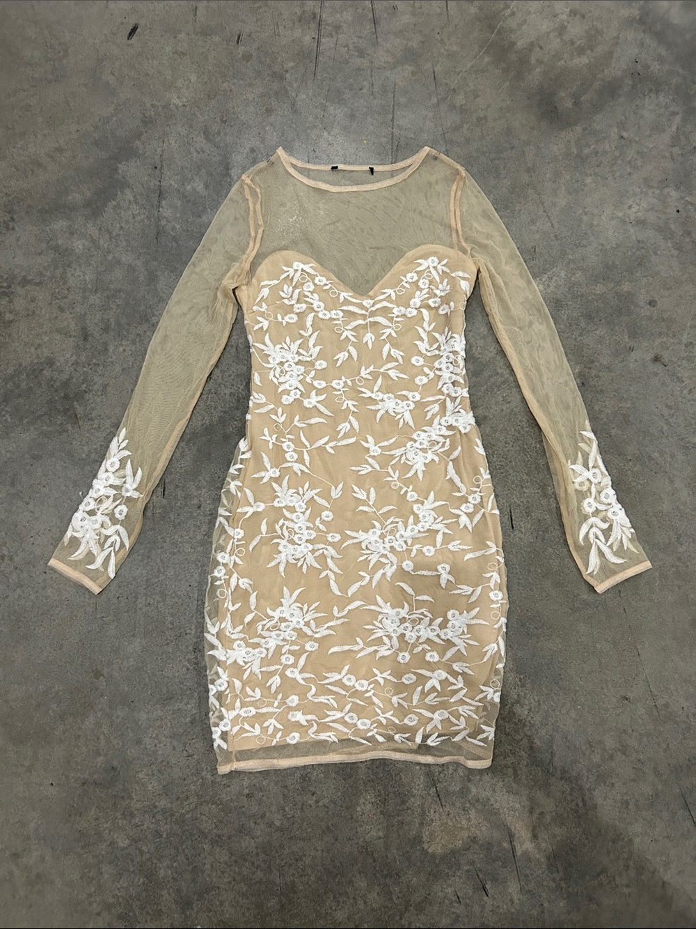 Sheer Long-Sleeve Nude Bodycon Dress with White Floral Embroidery